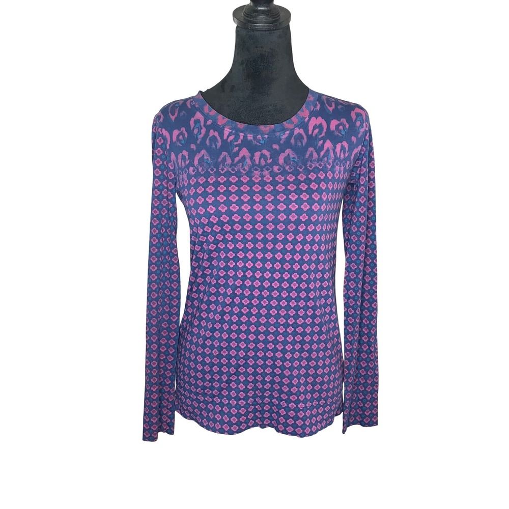 Tory Burch Long Sleeve Fitted Pima Cotton Tee Blue Purple Floral Print XSmall